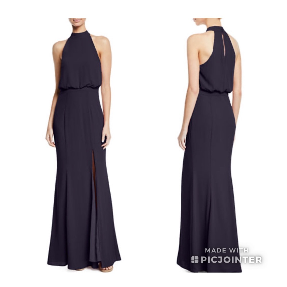LIKELY Cameron Long Halter gown with slit Navy